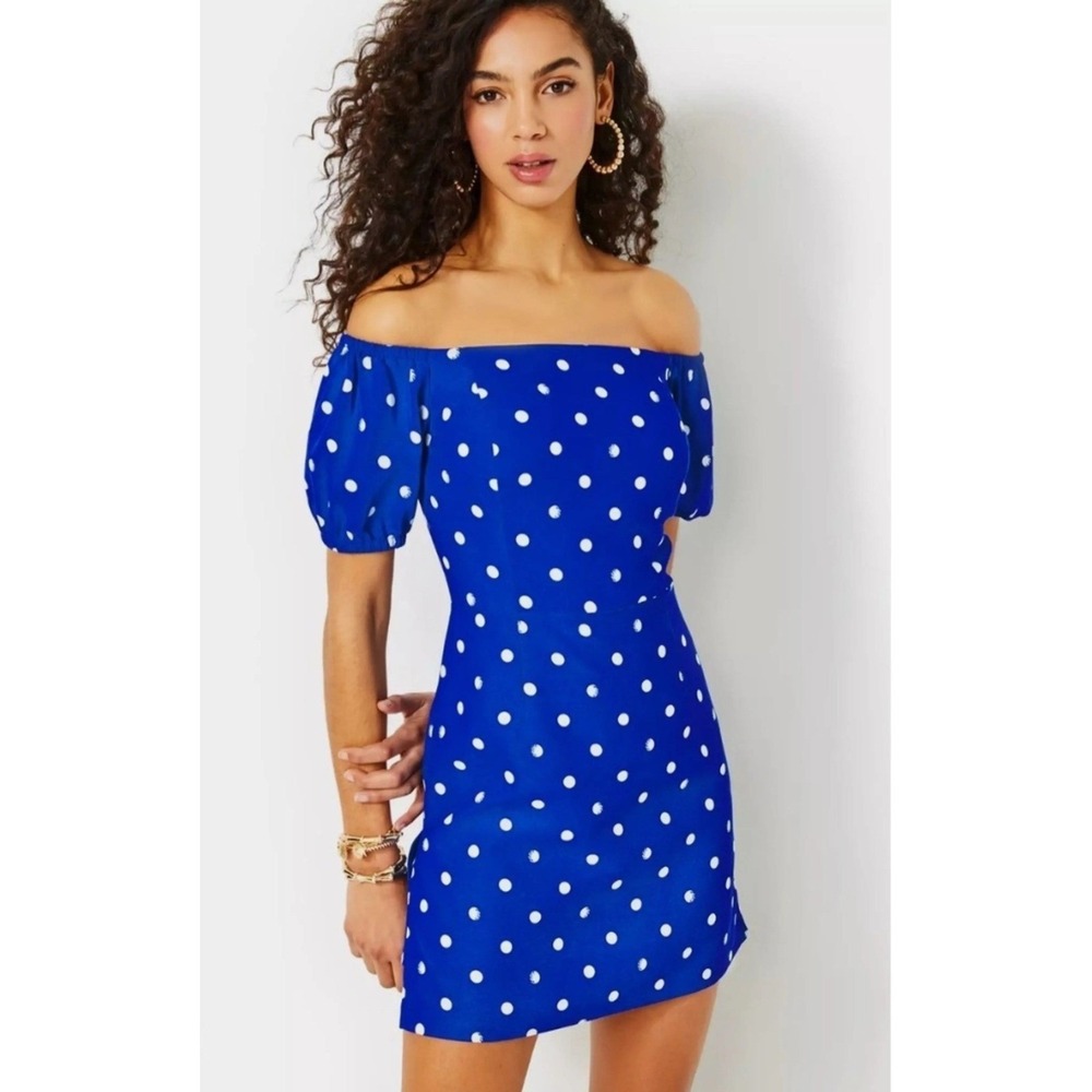 NWT Lilly Pulitzer Jada Off The Shoulder Romper Size 14 Blue Polka Dot Preppy